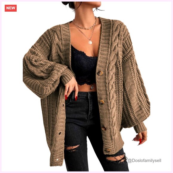 Oversized Cable Knit Cardigan V-Neck Button Front Lightweight Soft Terylene